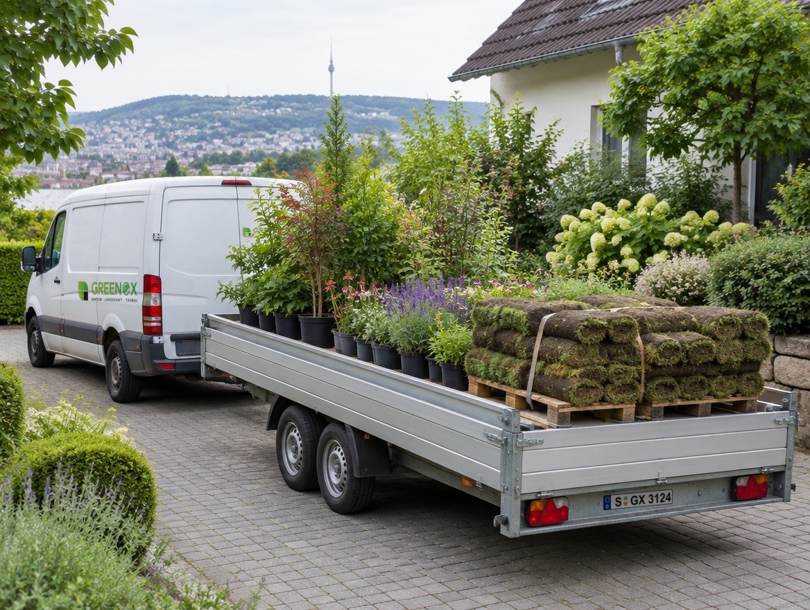 GREENOX-Transporter mit Anhänger voller Stauden, Sträucher und Rollrasen in der Einfahrt eines Einfamilienhauses