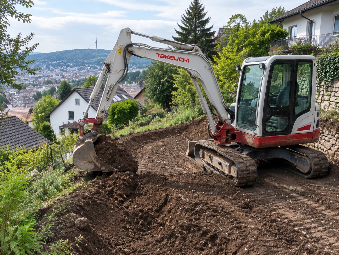 Takeuchi-Kompaktbagger beim Aushub für eine Terrasse in einem Hanggarten in Stuttgart