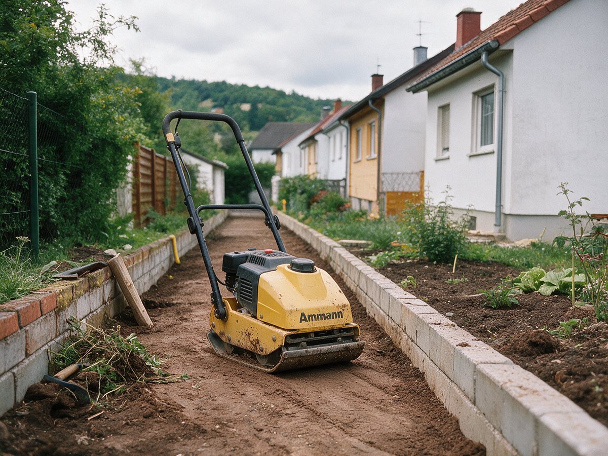 Ammann-Rüttelplatte auf einem ausgehobenen Gartenweg zwischen Mauersteinen
