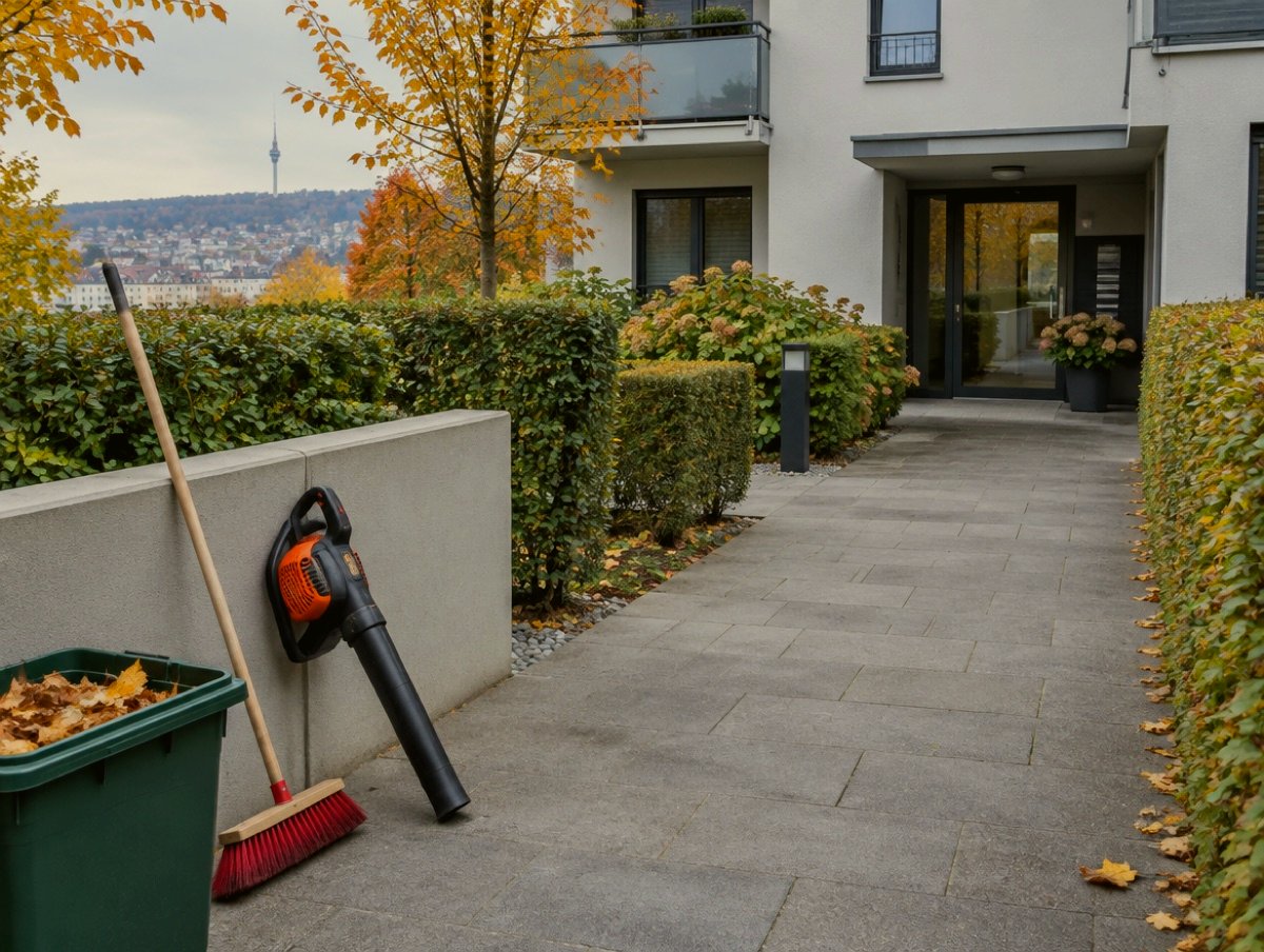 Gekehrter Weg vor dem Eingang einer Wohnanlage im Herbst, daneben Laubbläser, Besen und Laubtonne