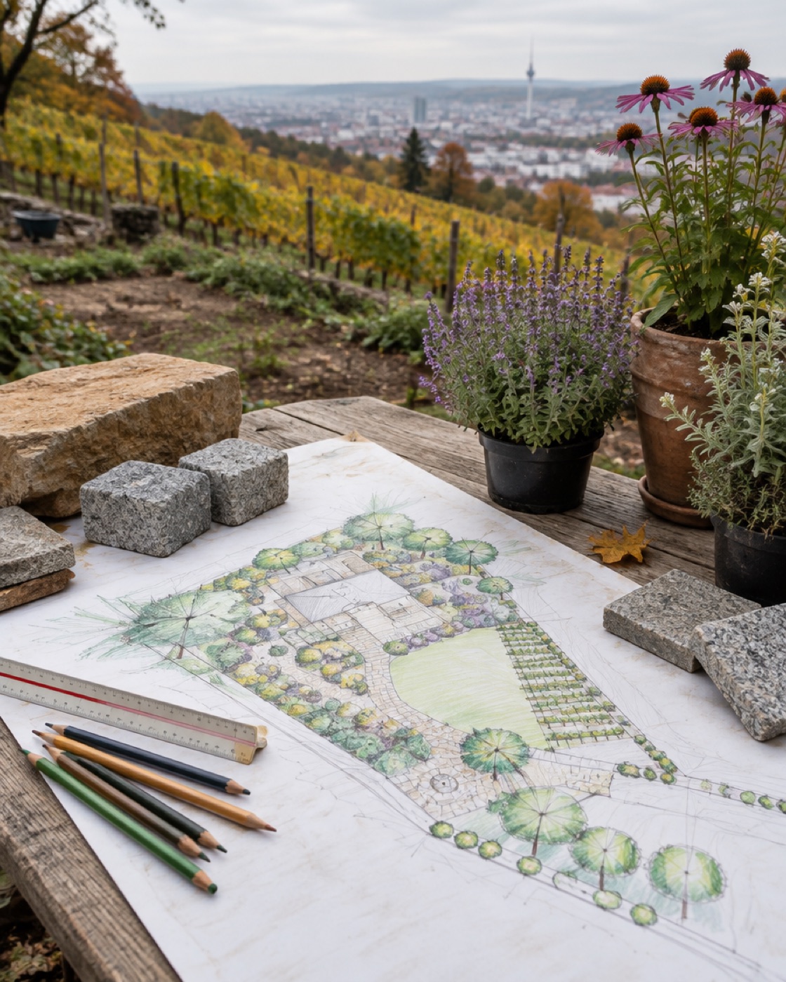 Gartenplan mit Buntstiften, Natursteinmustern und Stauden auf einem Tisch am Hanggrundstück