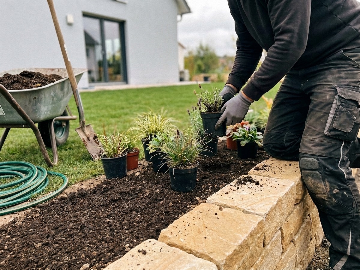 Landschaftsgärtner setzt Stauden und Gräser in ein neues Beet an einer Sandsteinmauer: Gartenbau in Stuttgart