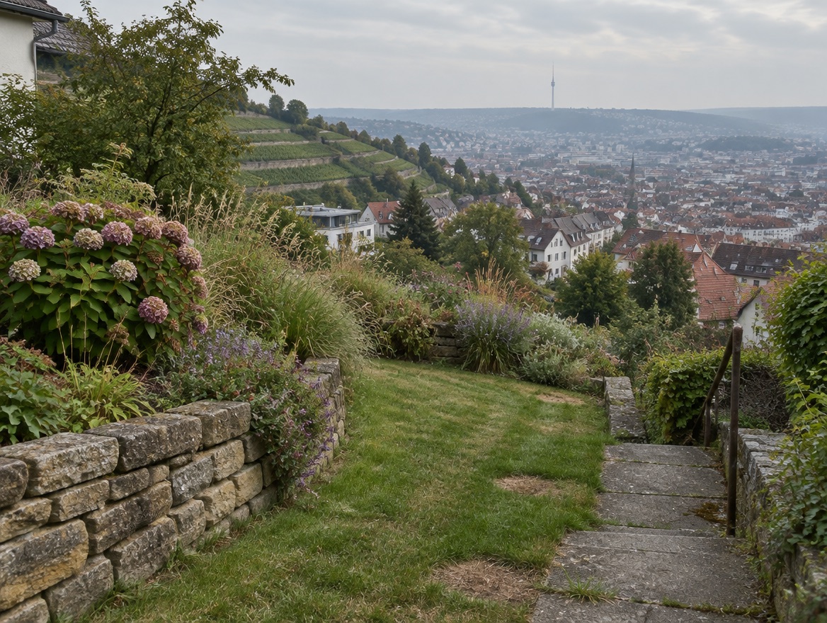 Hanggarten in Stuttgarter Halbhöhenlage mit Sandstein-Trockenmauer, Staudenbeet, Rasenfläche und Treppe, im Hintergrund Weinbergterrassen und der Fernsehturm: Gartenplanung von Greenox GaLaBau