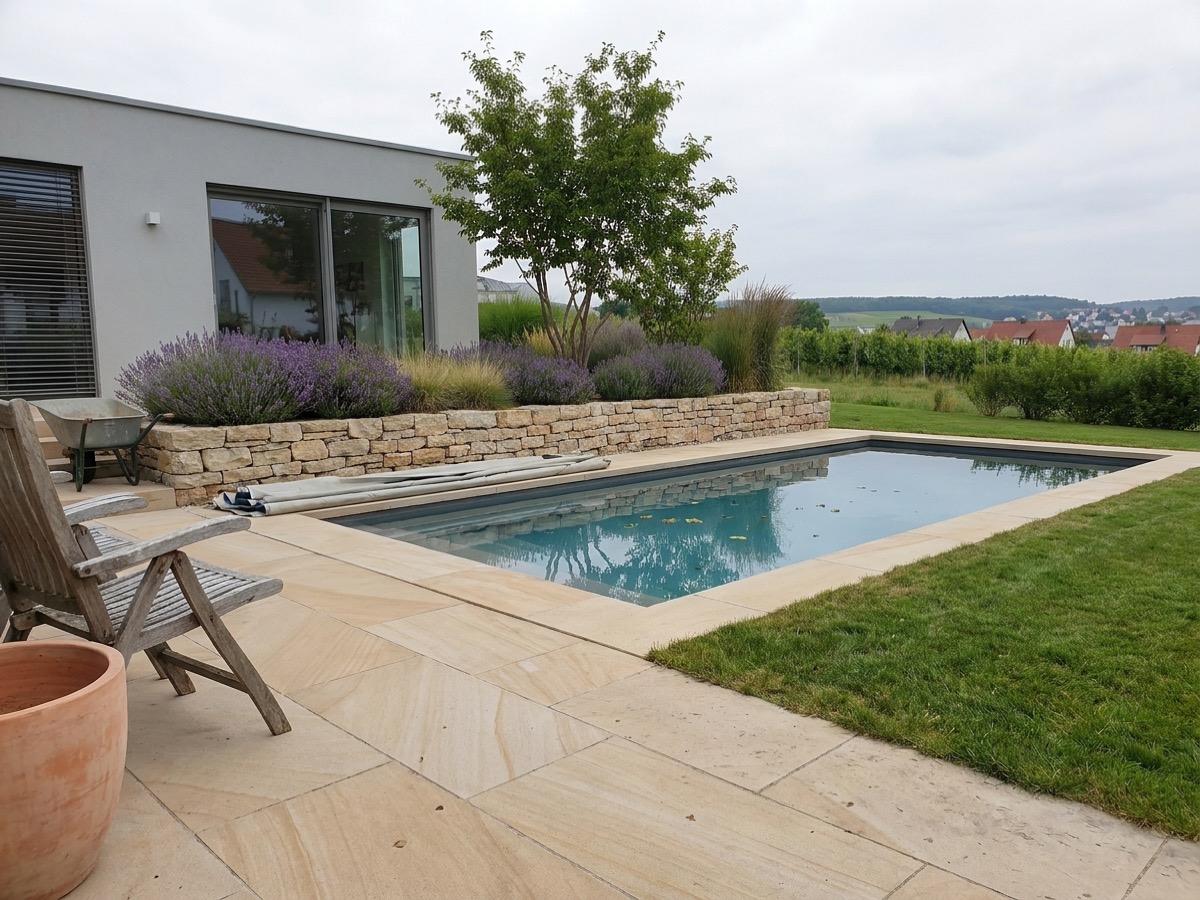Neu gebauter Pool mit Sandsteinterrasse und Trockenmauer am Tag der Übergabe: Poolbau in Stuttgart
