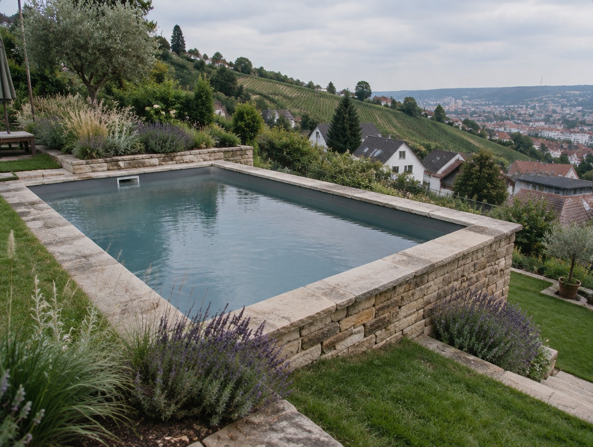 Pool auf einer Terrasse in Hanglage, eingefasst von einer Natursteinmauer, mit Lavendel und Gräsern und Blick über die Stuttgarter Weinberge