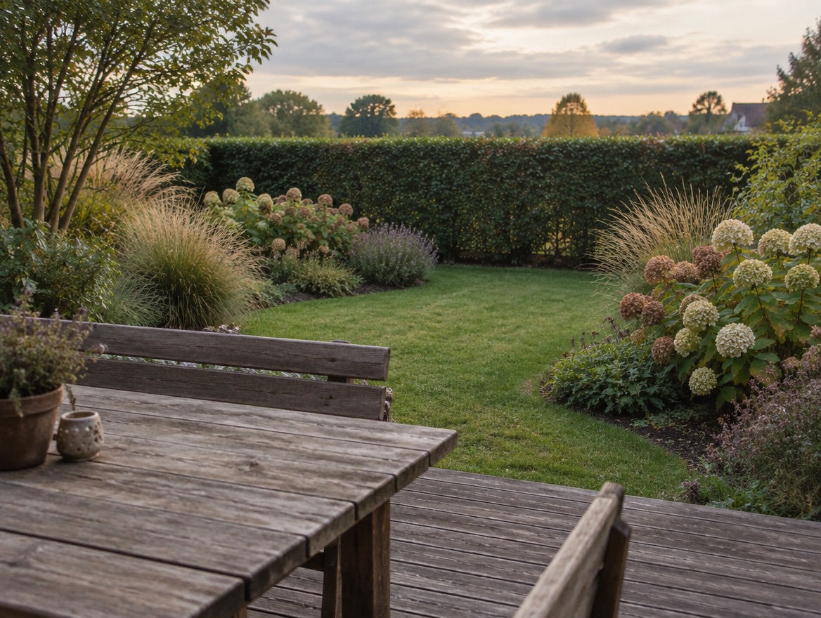 Blick von einer Holzterrasse mit Holztisch über Rasen, Staudenbeete mit Hortensien und Gräsern bis zur Hecke