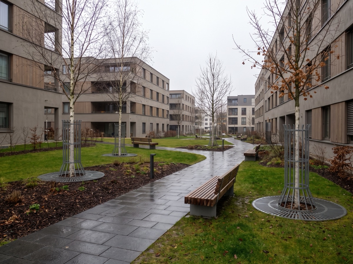Außenanlage einer Wohnanlage mit Wegen, Rasen und jungen Bäumen