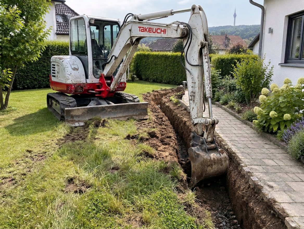 Takeuchi-Bagger hebt einen Graben für die Entwässerung entlang eines Gartenwegs aus