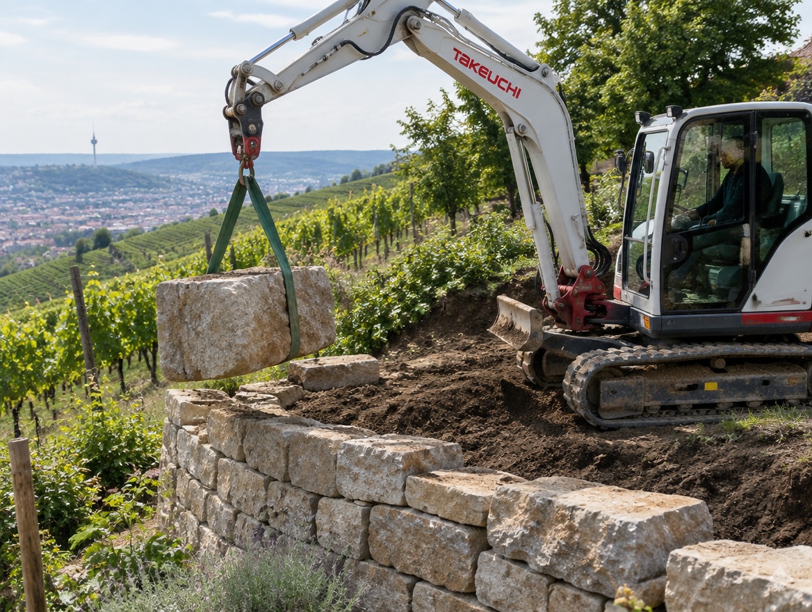 Kompaktbagger setzt einen Natursteinblock für eine Trockenmauer in einem Weinberghang